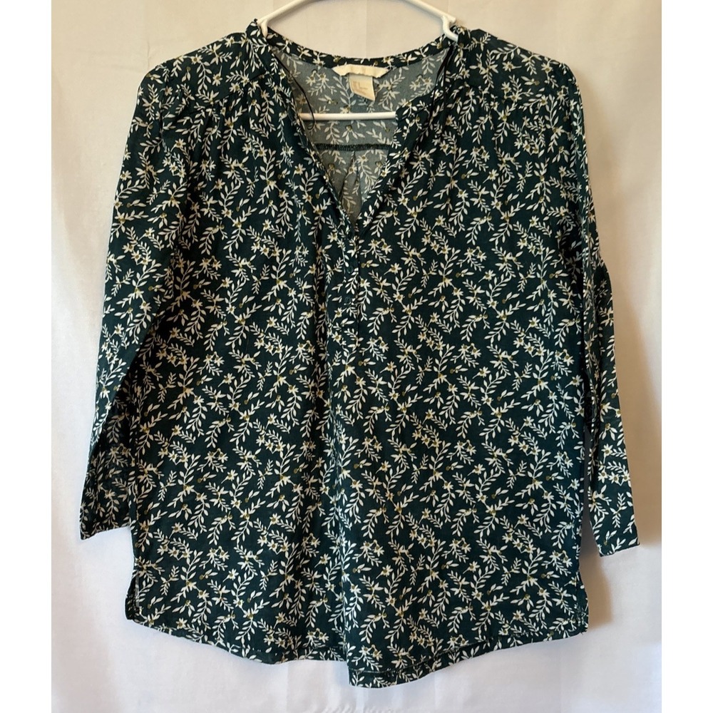H&M‎ Green White Floral V-Neck Knit Long Sleeve Blouse 100% Polyester S
